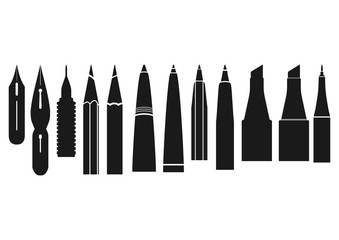 Caligraphy tools. Black icons of nibs, pens, markers and pencils. Flat vector.