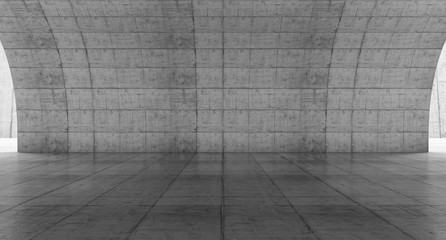 Empty concrete space with curve wall. Abstract Modern blank showroom with floor. Future concept background. 3d rendering.