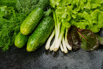 fresh green different vegetables. vegetables background
