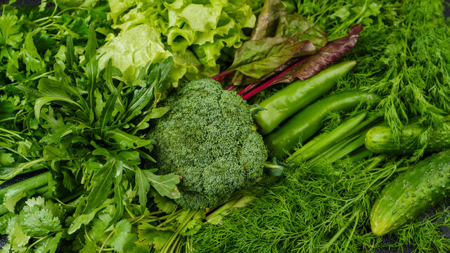 fresh green different vegetables. vegetables background