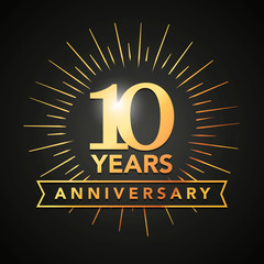 Vector Illustration 10 Anniversary gold numbers with golden banner. Celebration 10th anniversary event party template