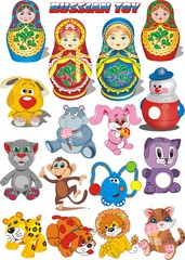 set - Russian toy: monkey, elephant, Hippo, tiger, lion, kitten, puppy, rabbit, matryoshka, roly poly in vector
