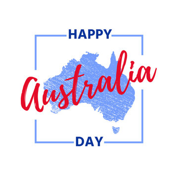 Australia Day. Vector. Banner for Happy Australia Day with Australian map in blue and red. Greeting card, poster, holiday background template. Colorful illustration.