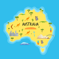 Australia cartoon map. Vector. Australian state with travel icons and ocean. Landmarks Australia kangaroo, koala, boomerang. Color illustration. Flat design. © maradaisy