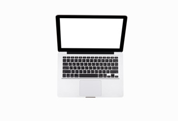 Top view of modern laptop with English keyboard isolated on white background. High quality.