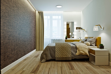 Modern bedroom interior in warm colors with wood paneling.
