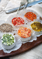 Assortment of French fresh white soft goat cheeses with different tastes topping made with herbs, paprika, indian curry, bruscetta, chives and dried tomatoes