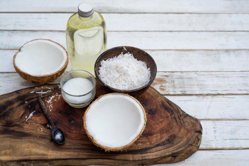 Coconut oil on table background