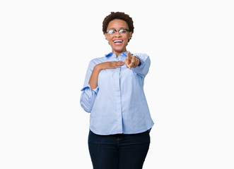 Young beautiful african american business woman over isolated background Laughing of you, pointing to the camera with finger hand over chest, shame expression