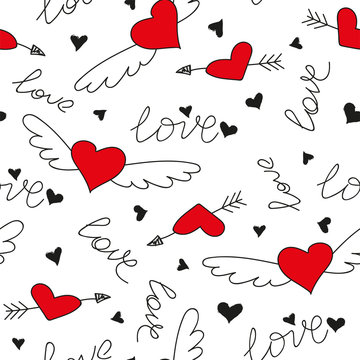Hand drawn doodle love seamless pattern for wedding, Valentine's Day wallpaper, background design. Vector illustration with heart, love, arrow, lettering text. Hand drawn sketch style.