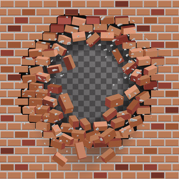 Red brick break wal hole destructionl template transparent background vector illustration