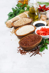 products for Japanese cuisine, rice, ginger, soy sauce and spices