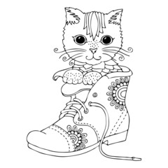 Puss in Boot. Hand drawn Kitten. Sketch for anti-stress adult coloring book in zen-tangle style. Vector illustration  for coloring page or for print on T-shirt.
