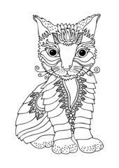 Cute kitty. Hand drawn picture. Sketch for anti-stress adult coloring book in zentangle style. Vector illustration for coloring page.
