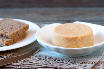 Traditional Norwegian breakfast, sandwiches with brown cheese brunost.