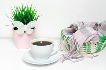 Changing seasons from winter to spring - green plant with white decorative butterfly, a green basket with warm woolen clothes and a cup of black coffee on white background with copy space