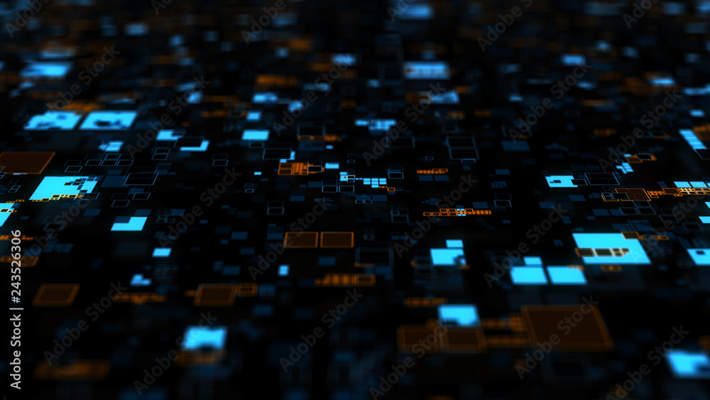 Poster ..3d render background made of repetitive square patterns. Technology theme concept with random square forms.