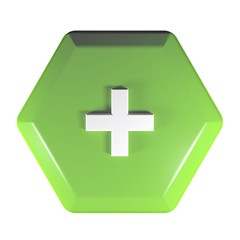Green hexagonal push button with the sign + for the sum operation - 3D rendering illustration