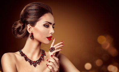 Woman Jewelry, Red Gems Jewelry Necklace Earring and Ring, Fashion Model Beauty Portrait - obrazy, fototapety, plakaty