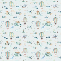 Behang Aquarel set achtergrond afbeelding van een leuke cartoon en mooie luchtscène compleet met vliegtuigen, helikopters, vliegtuig en ballonnen, wolken. Jongen naadloze patroon. Het is een babyshowerontwerp © kris_art