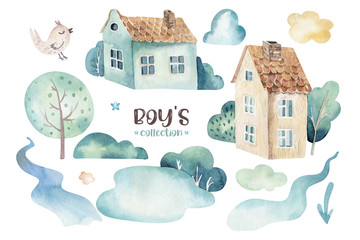 Obraz premium Watercolor set background illustration of a cute cartoon and fancy sky scene complete with airplanes, helicopters, plane and balloons, clouds. Boy seamless pattern. It's a baby shower design