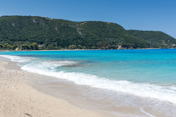 Seascape with Agios Ioanis beach with blue waters, Lefkada, Ionian Islands, Greece