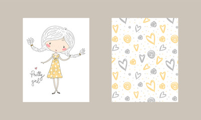 Hand drawn cute fashion cartoon girl and hearts background. Vector illustration.