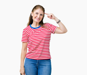 Middle age mature woman wearing casual t-shirt over isolated background Smiling pointing to head with one finger, great idea or thought, good memory