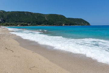 Seascape with Agios Ioanis beach with blue waters, Lefkada, Ionian Islands, Greece