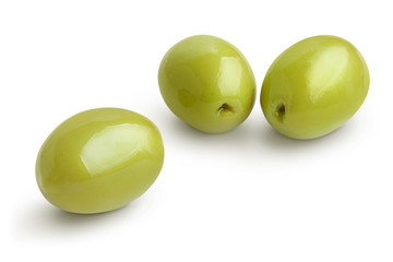 Three ripe green olives, isolated on white background