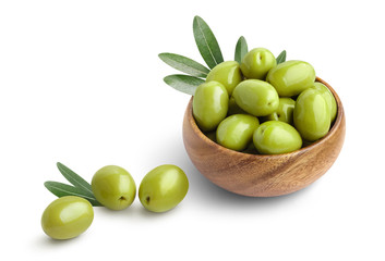 Delicious green ripe olives in a wooden bowl, isolated on white background