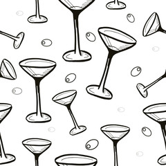 seamless vector pattern, wine glasses sketch, hand drawn, isolated on white background