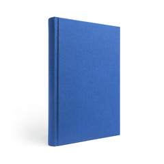 Blue standing hardcover book isolated, perspective view. Cover made of natural linen fabric with uneven rough texture.