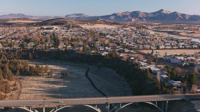 Oregon circa-2018. Aerial view of Redmond, Oregon. Shot from helicopter with Cineflex gimbal and RED Epic-W camera.