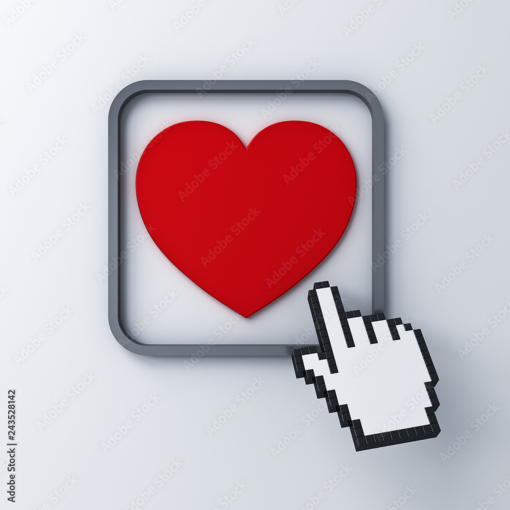 Aufkleber Love heart button with computer hand cursor isolated on dark white background 3D rendering