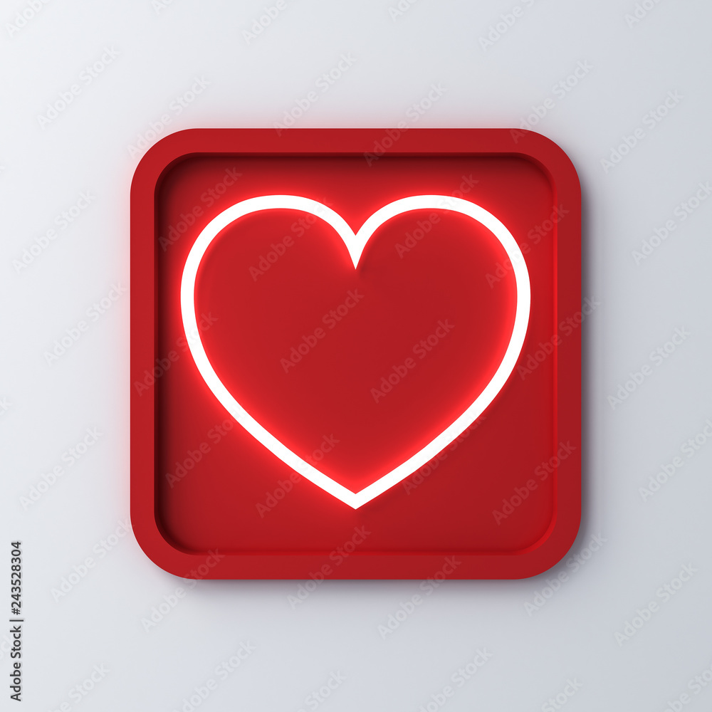 Aufkleber Neon light heart in rounded square frame or love button isolated on white  background with shadow for valentines day concepts 3D rendering
