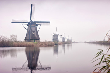 The Famous Netherlands wooden Windmills, UNESCO World Heritage Site, Kinderdijk Windmill village in the soft sunset light of winter.