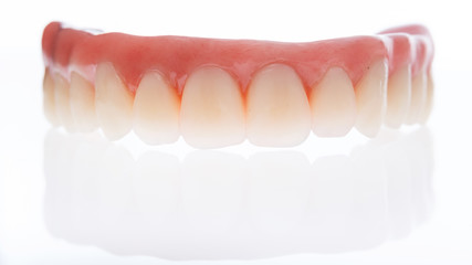 presentable prosthesis Photo ceramics and gums, is in profile on a white background