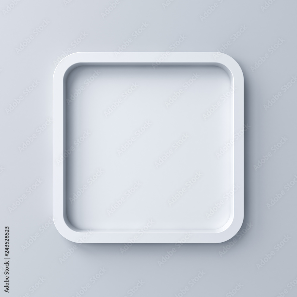 Aufkleber Blank white rounded square frame or empty white button isolated on grey wall background with shadow 3D rendering