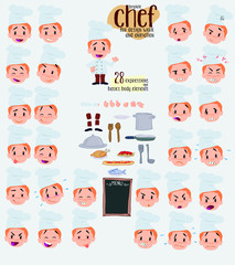 Chef. Twenty eight expressions and basics body elements, template for design work and animation. Vector illustration to Isolated and funny cartoon character.