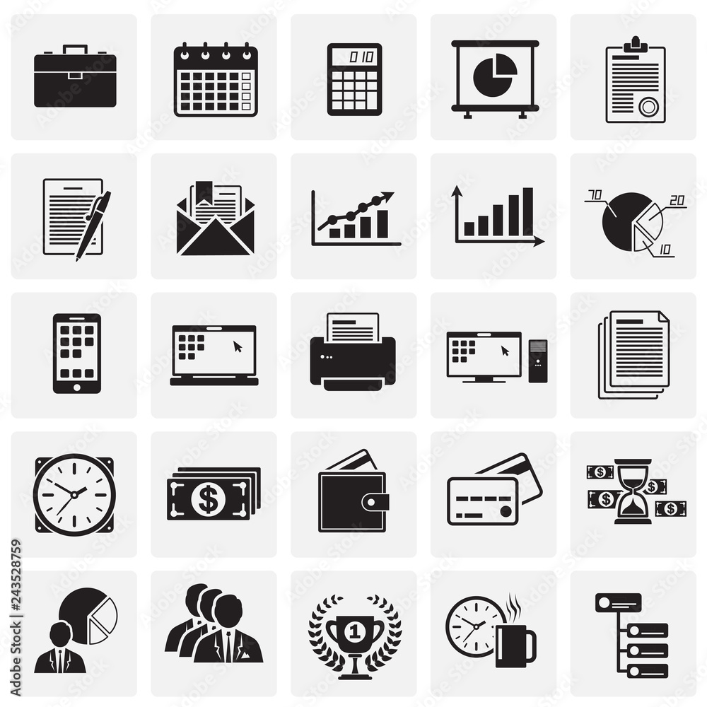 Poster business icons set on squares background for graphic and web design, modern simple vector sign. inte