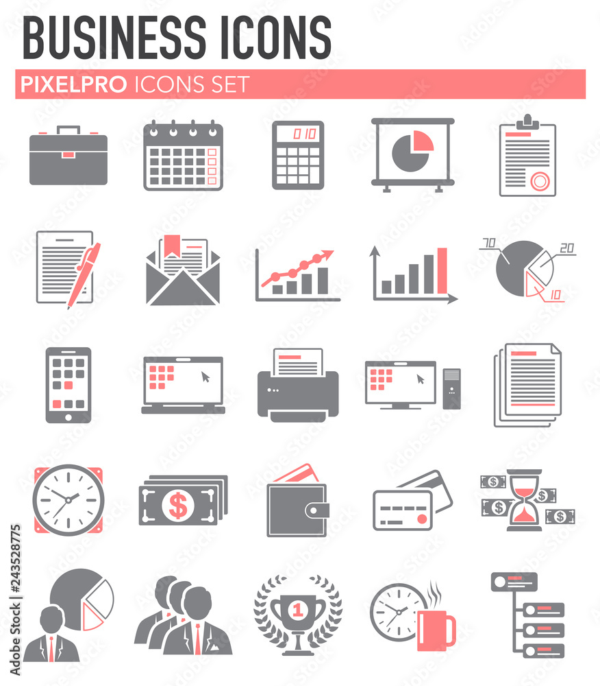 Poster business red grey icons set on white background for graphic and web design, modern simple vector sig