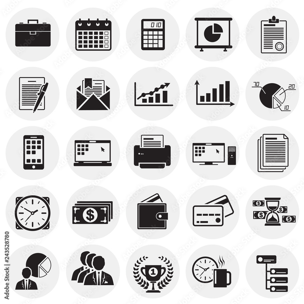 Poster business icons set on circles background for graphic and web design, modern simple vector sign. inte