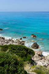 Amazing Seascape of Kokkinos Vrachos Beach with blue waters, Lefkada, Ionian Islands, Greece