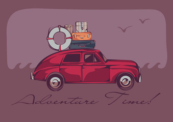 A red vintage car with a luggage on a top over a seascape and gulls. Retro stylized vector illustration