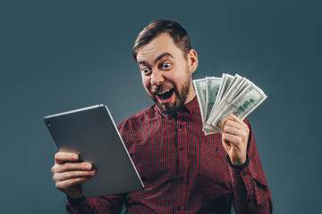 Man celebrating victory after making bets at bookmaker website