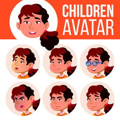 Asian Girl Avatar Set Kid Vector. Kindergarten. Face Emotions. Happy Childhood, Positive. Beauty, Lifestyle, Friendly. Card, Advert. Cartoon Head Illustration