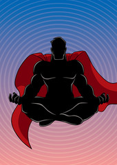 Silhouette illustration of meditating superhero on abstract background and some copy space.