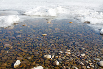 a thawed patch on the Baikal lake shore in spring