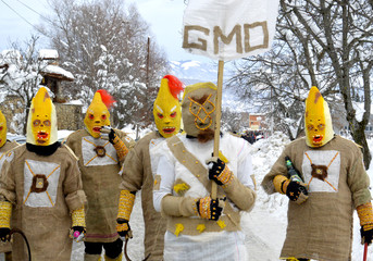 unrecognizable persons in a masks protesting against genetically modified crop